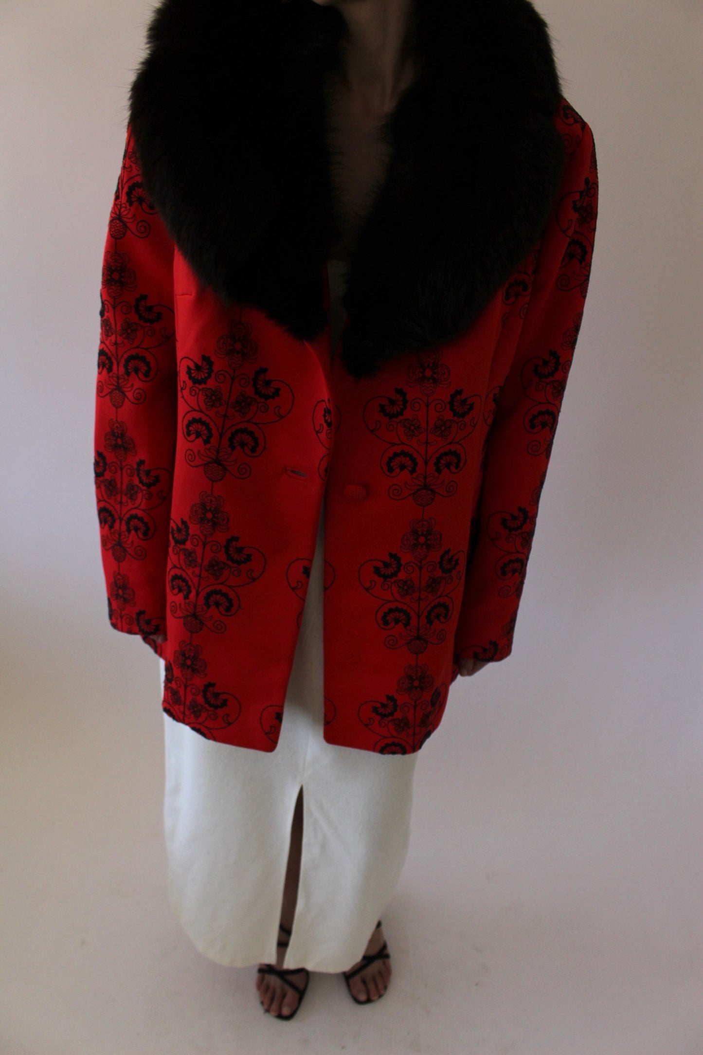 Incredible Vintage Crimson Embroidered Fur-Collar Jacket