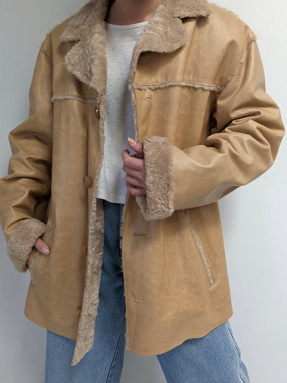Vintage Guess Sand Leather & Faux Fur Coat