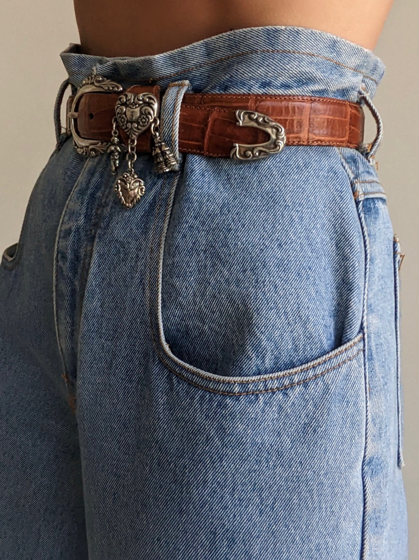 Vintage Embossed Leather & Hanging Charm Belt