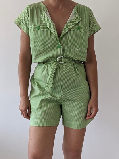 Vintage Lime Striped Cotton Romper