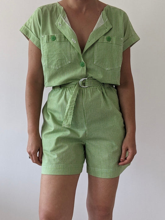 Vintage Lime Striped Cotton Romper