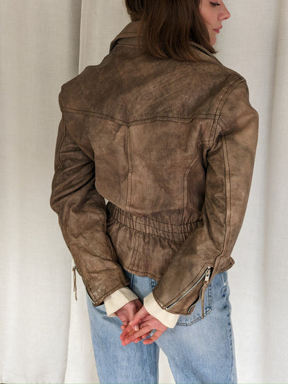 Amazing Vintage Faded Almond Leather Moto Jacket