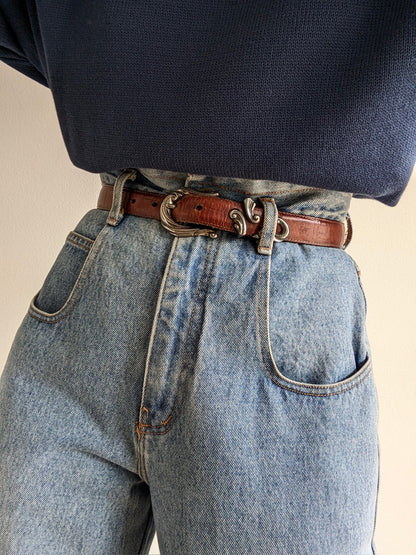 Vintage Walnut Embossed Leather Belt
