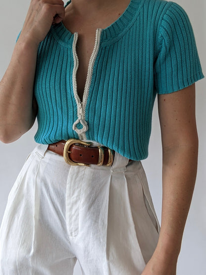 90s Aqua Ribbed Zip Cardigan