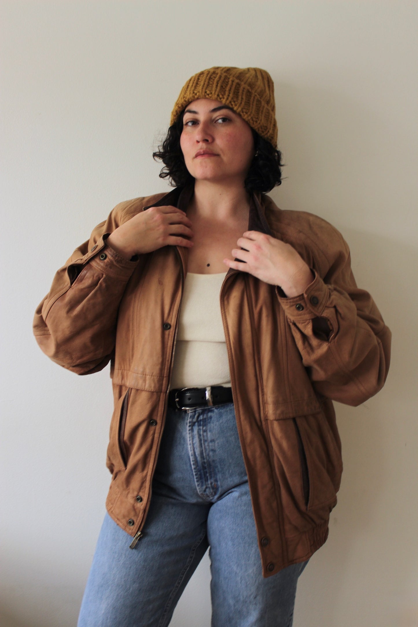 Vintage Saddle Brown Leather Bomber Jacket