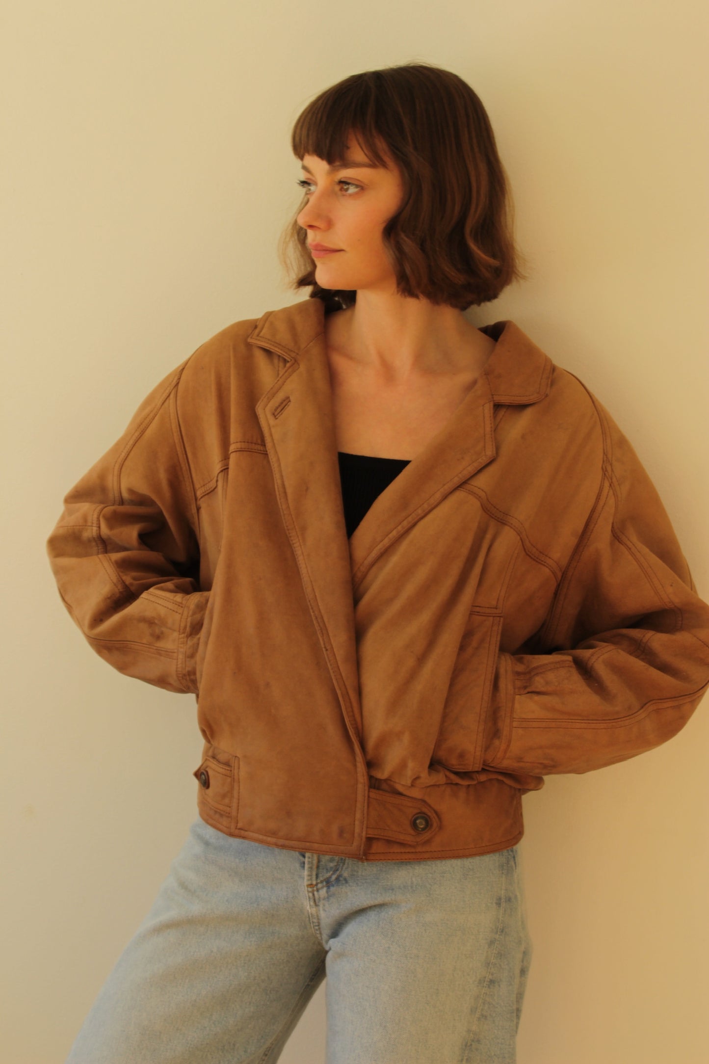 Favorite Vintage Almond Leather V-Neck Bomber