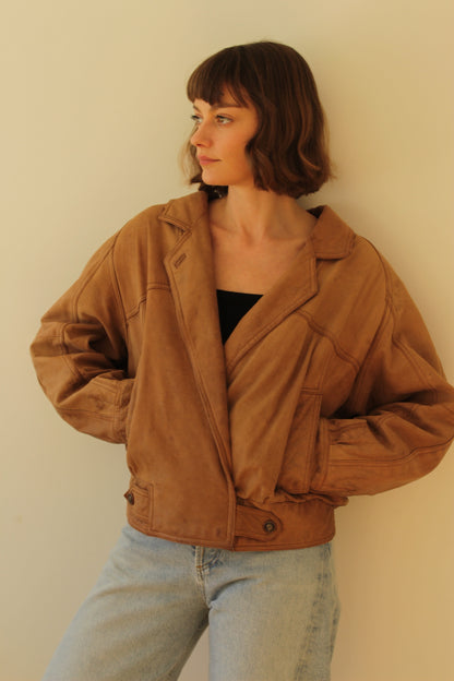 Favorite Vintage Almond Leather V-Neck Bomber