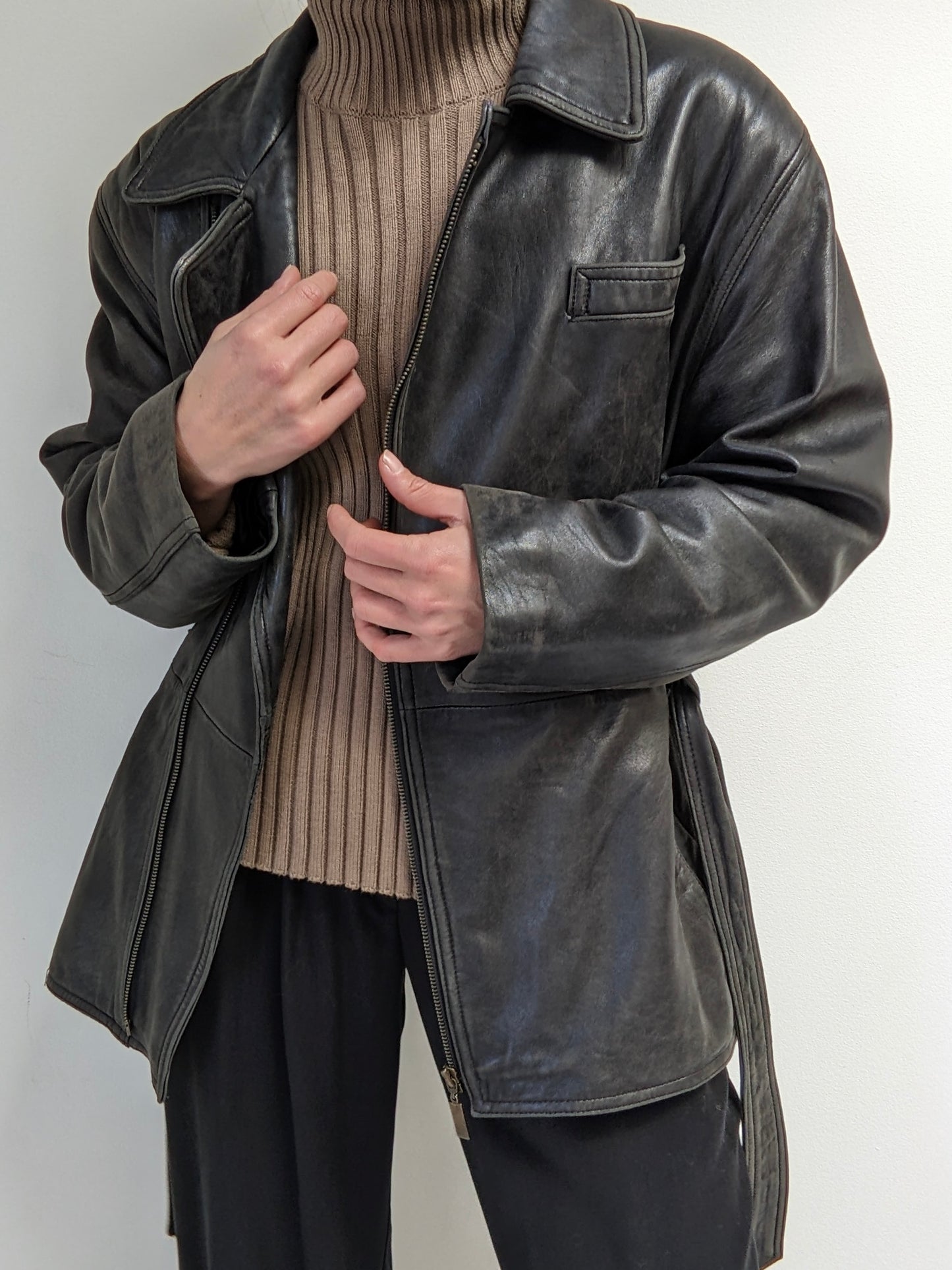 Vintage Faded Black Belted Lambskin Leather Coat