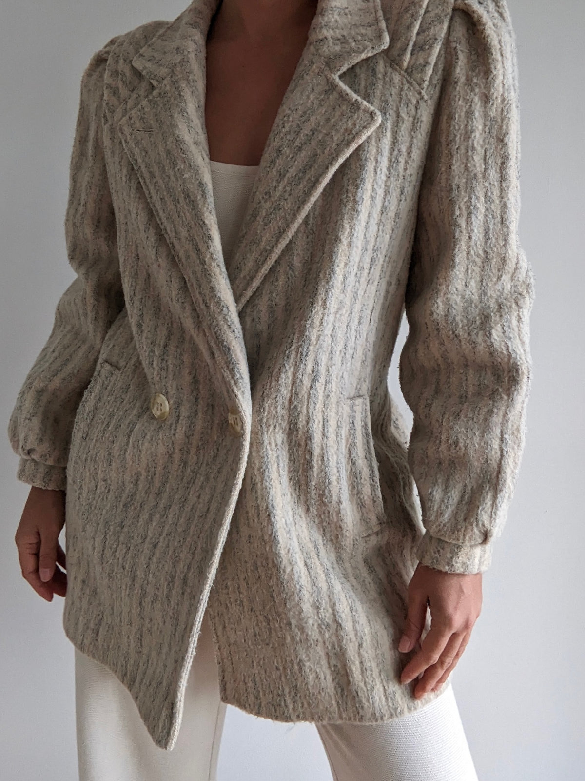 Vintage Cream & Stone Striped Wool Coat
