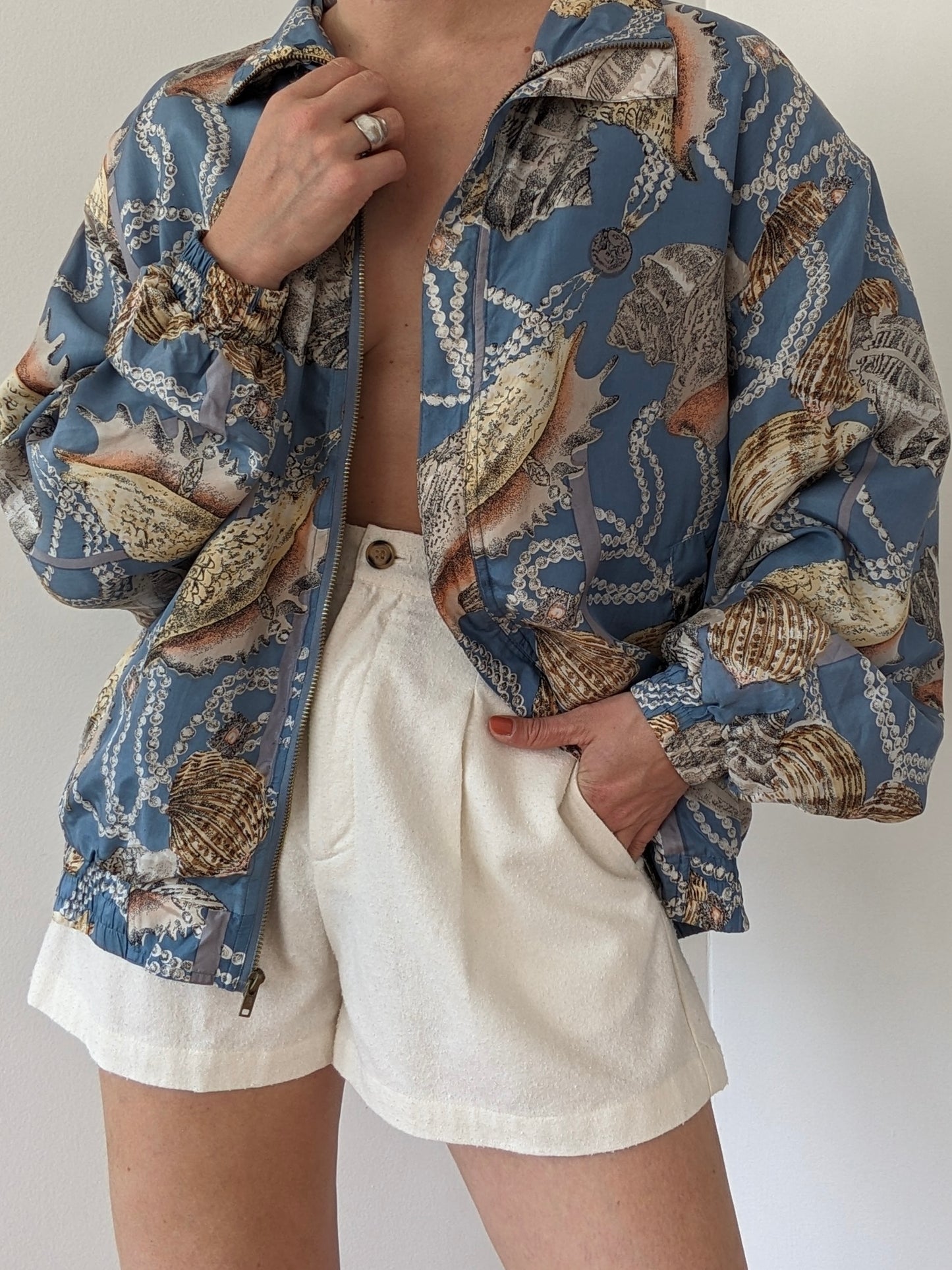Vintage Shell Print Silk Bomber Jacket