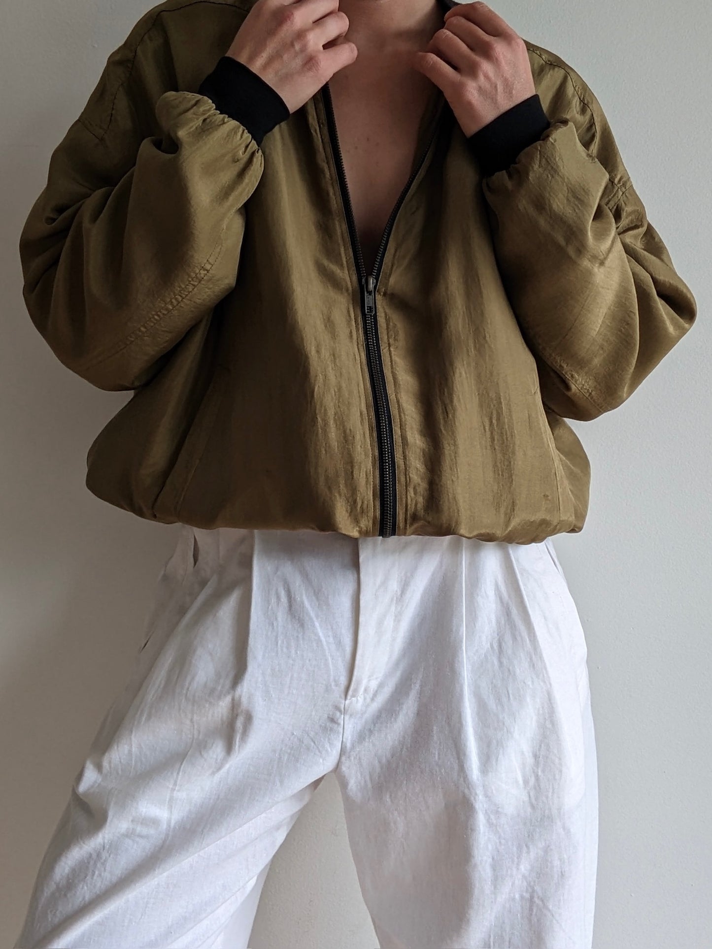 Vintage Olive Silk Bomber Jacket