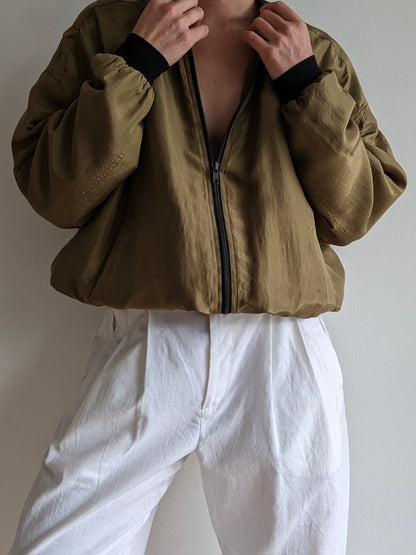 Vintage Olive Silk Bomber Jacket