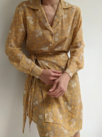 Vintage Floral Silk Wrap Skirt & Blouse Set