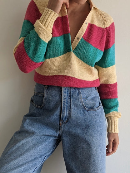 Vintage Wide Striped Snap Henley