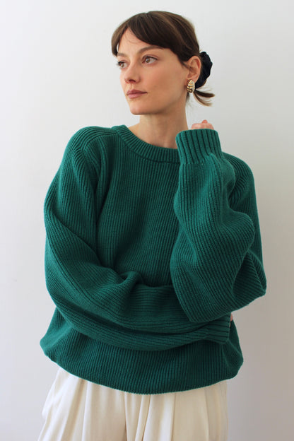 Vintage Evergreen Ribbed Cotton Sweater