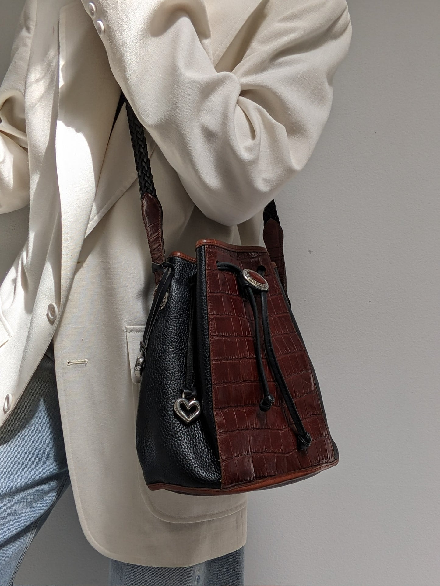 Vintage Two-Toned Embossed Leather Bucket Bag