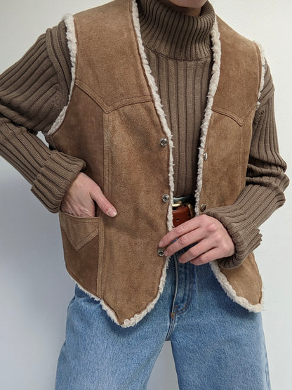 Vintage Sherpa-Lined Suede Snap Vest