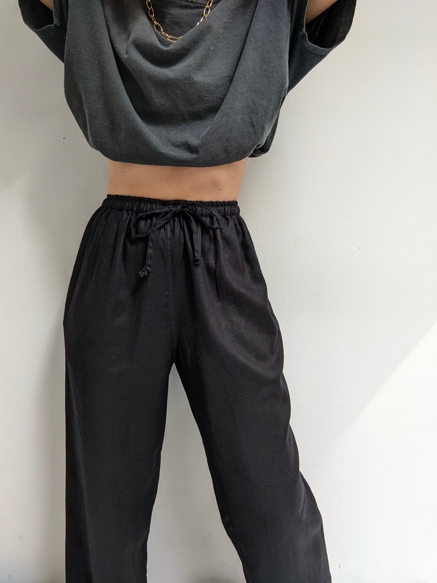 Vintage Black Linen Drawstring Pants