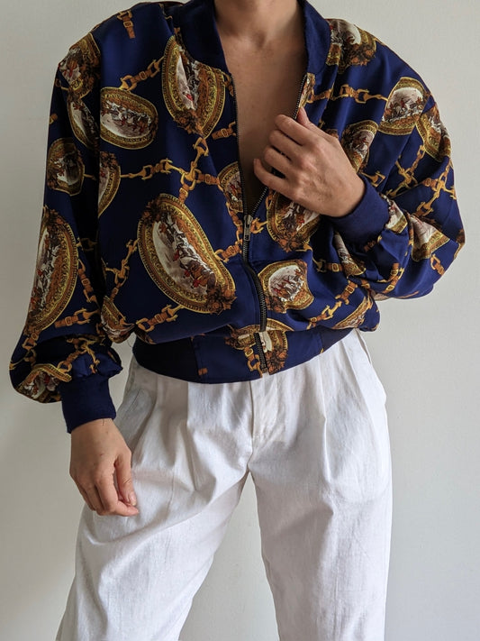 Vintage Equestrian Print Bomber Jacket