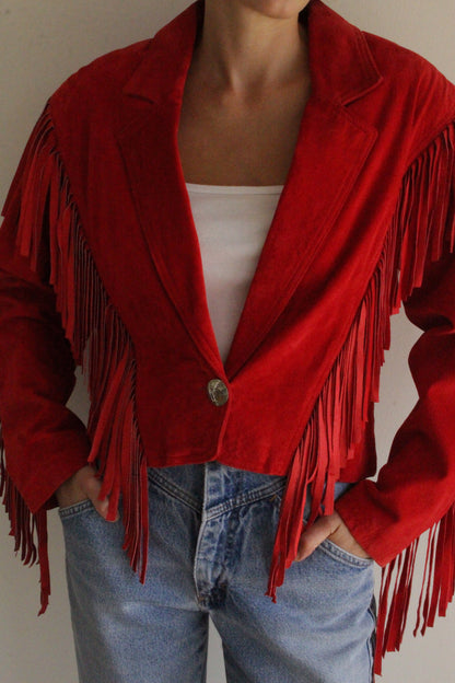 Stunning Vintage Crimson Suede Fringe Jacket