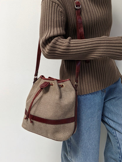 Vintage Etienne Aigner Burlap & Leather Bucket Bag
