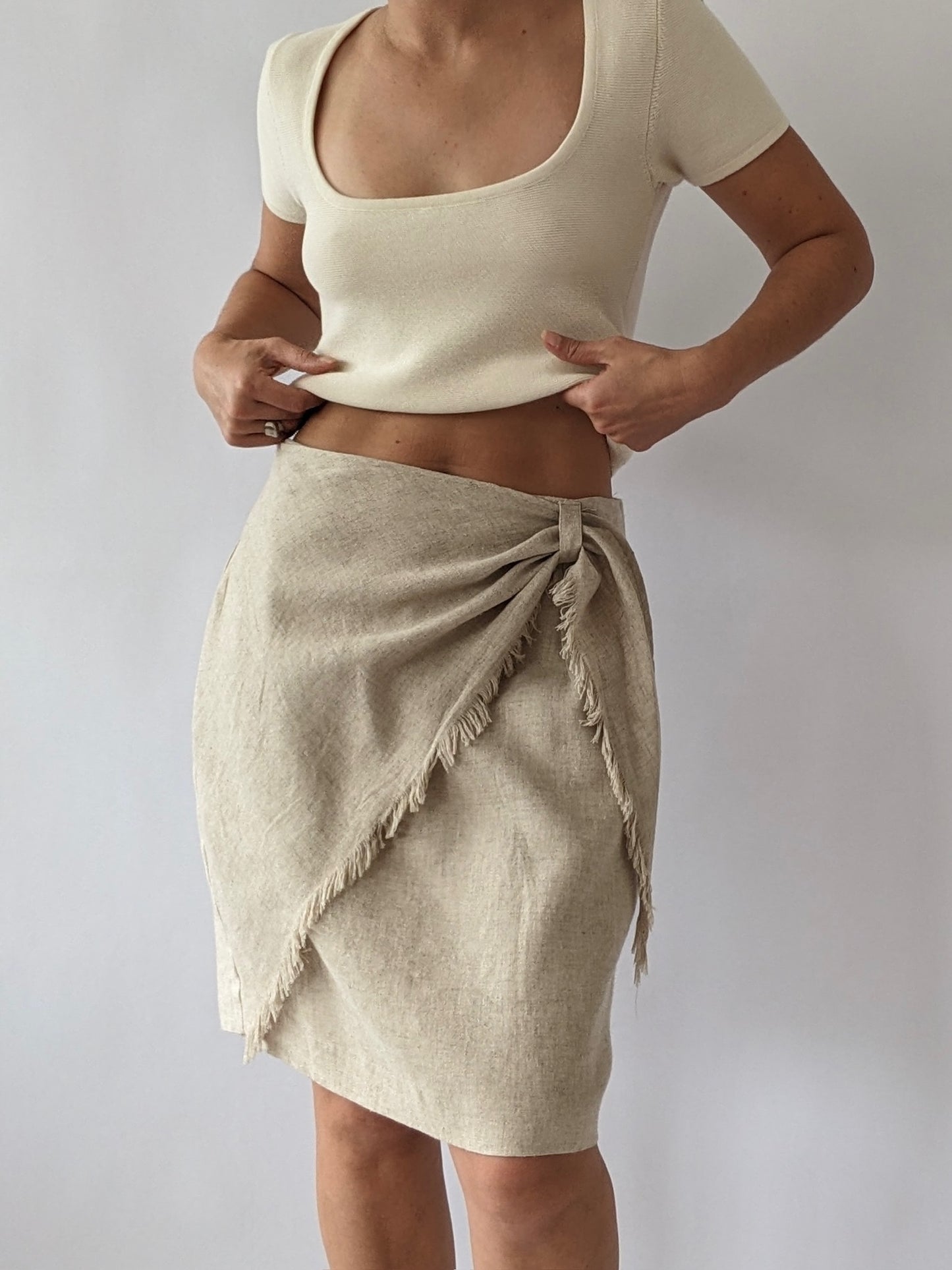 Vintage Wheat Linen Fringe Tie Skirt