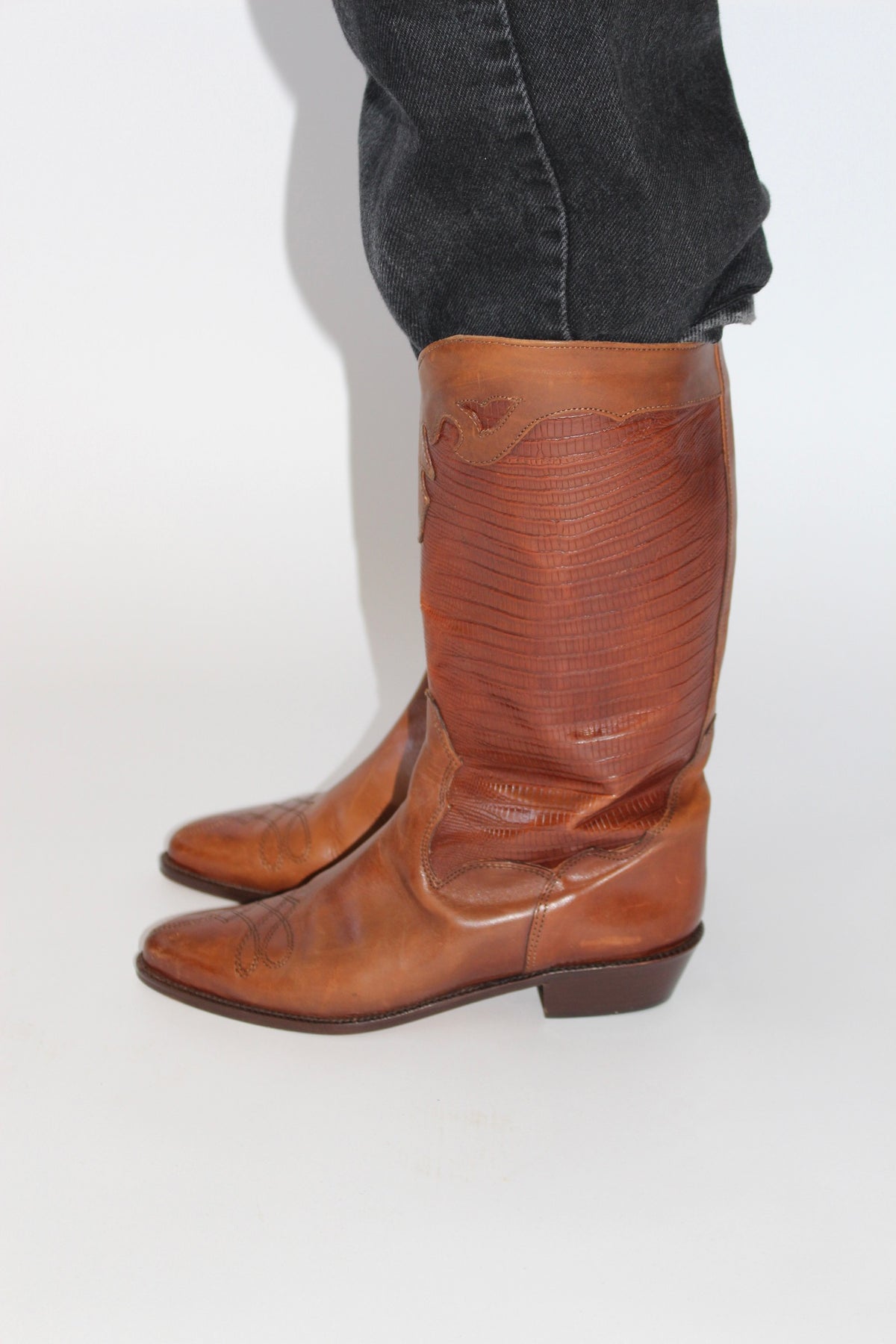 Vintage Cognac Embossed Cowboy Boots