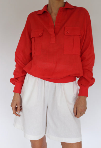 Vibrant Vintage Red Linen Collared Popover