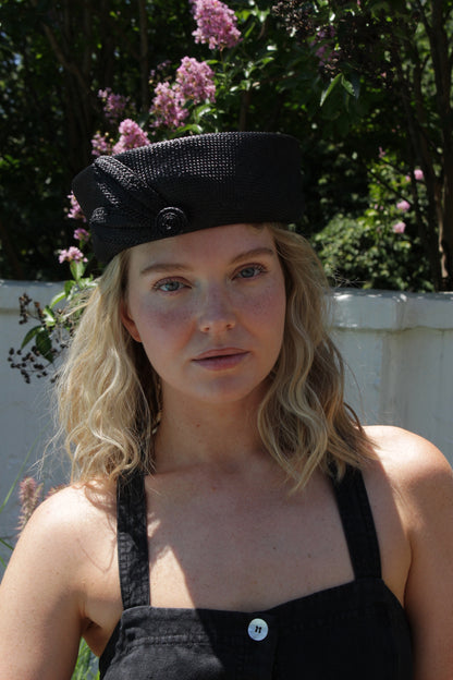 Vintage Black Woven Straw Pillbox Hat