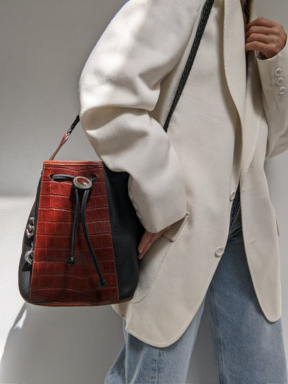 Vintage Two-Toned Embossed Leather Bucket Bag