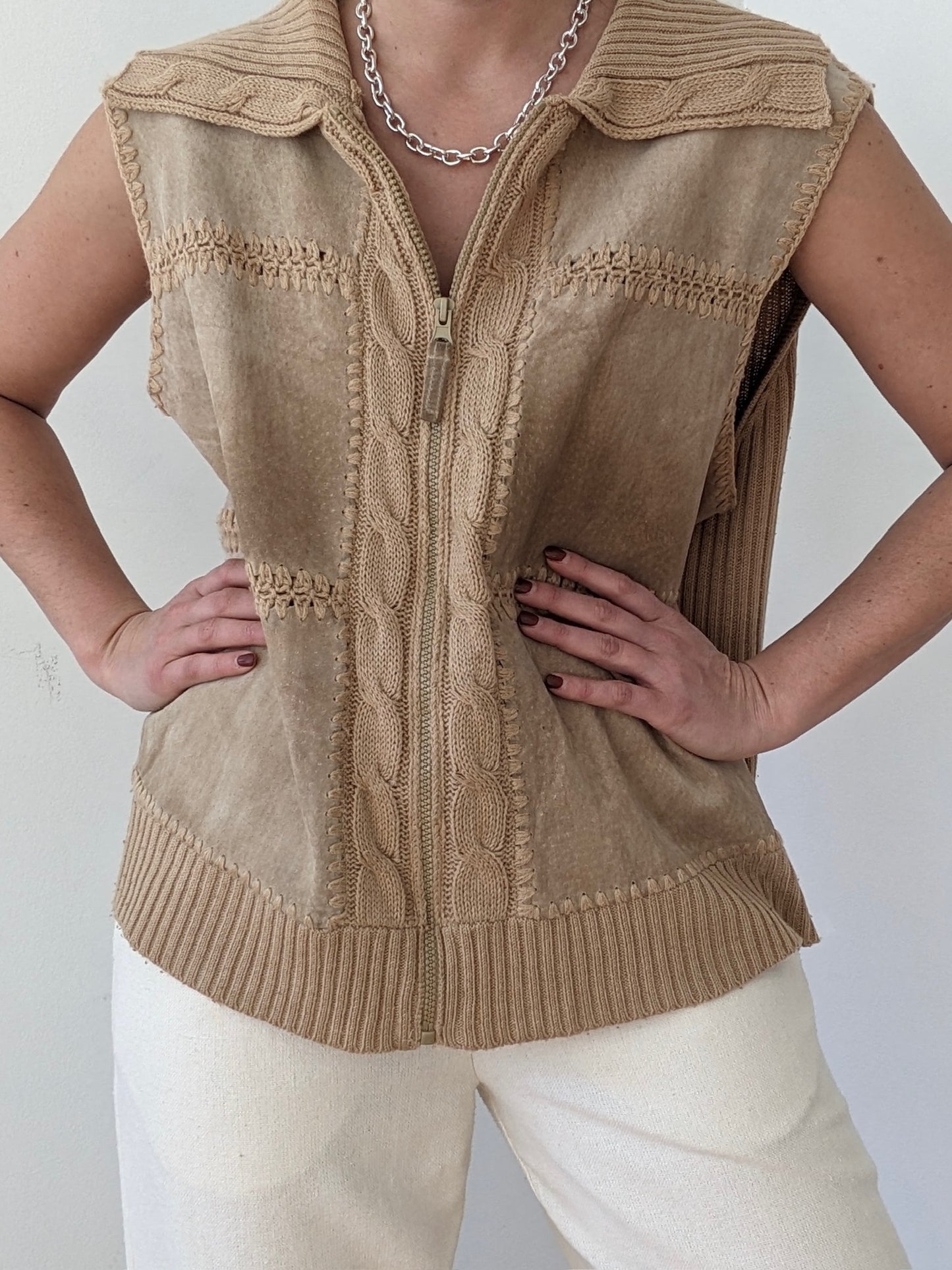 Vintage Ribbed Knit & Sueded Leather Vest