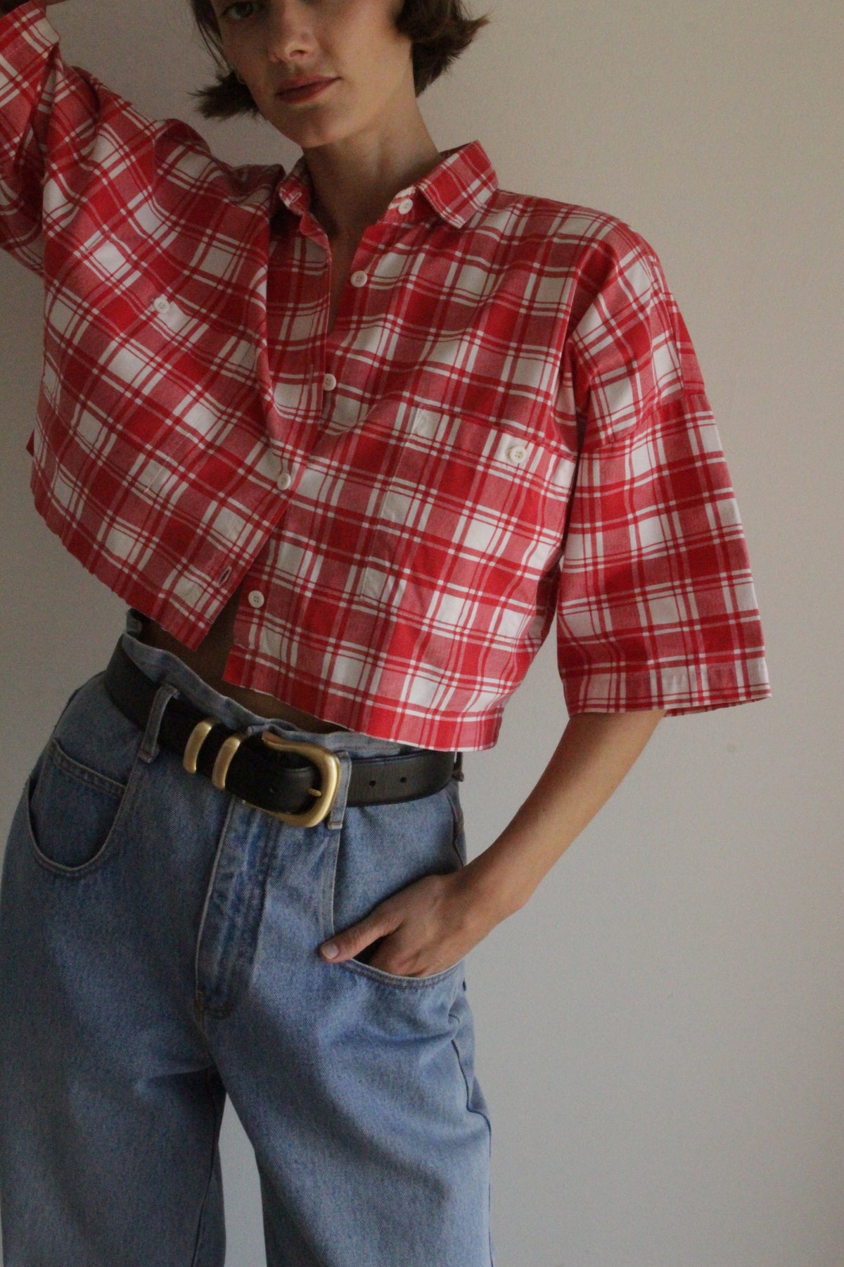 Fun Vintage Ruby Plaid Cropped Shirt