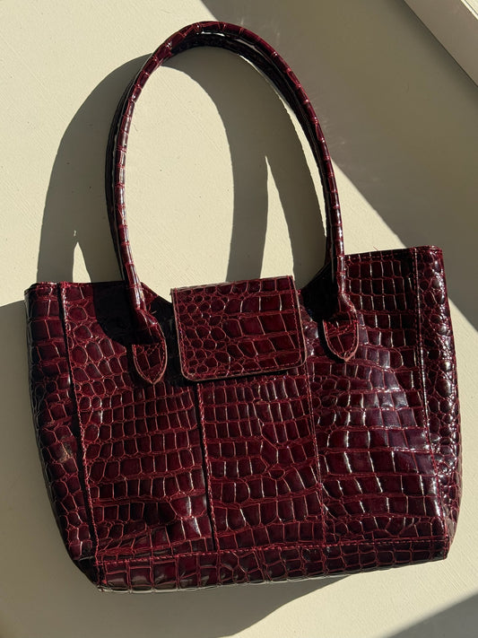 Vintage Burgundy Faux Embossed Leather Tote Purse