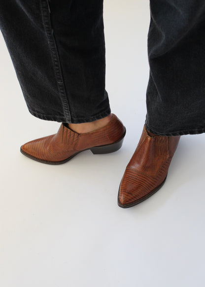 Vintage Saddle Brown Lizard-Embossed Western Shoes