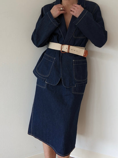 Vintage Belted Dark Wash Denim Wrap Skirt Set