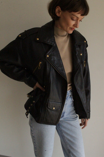 Incredible Vintage Black Belted Leather Moto Jacket