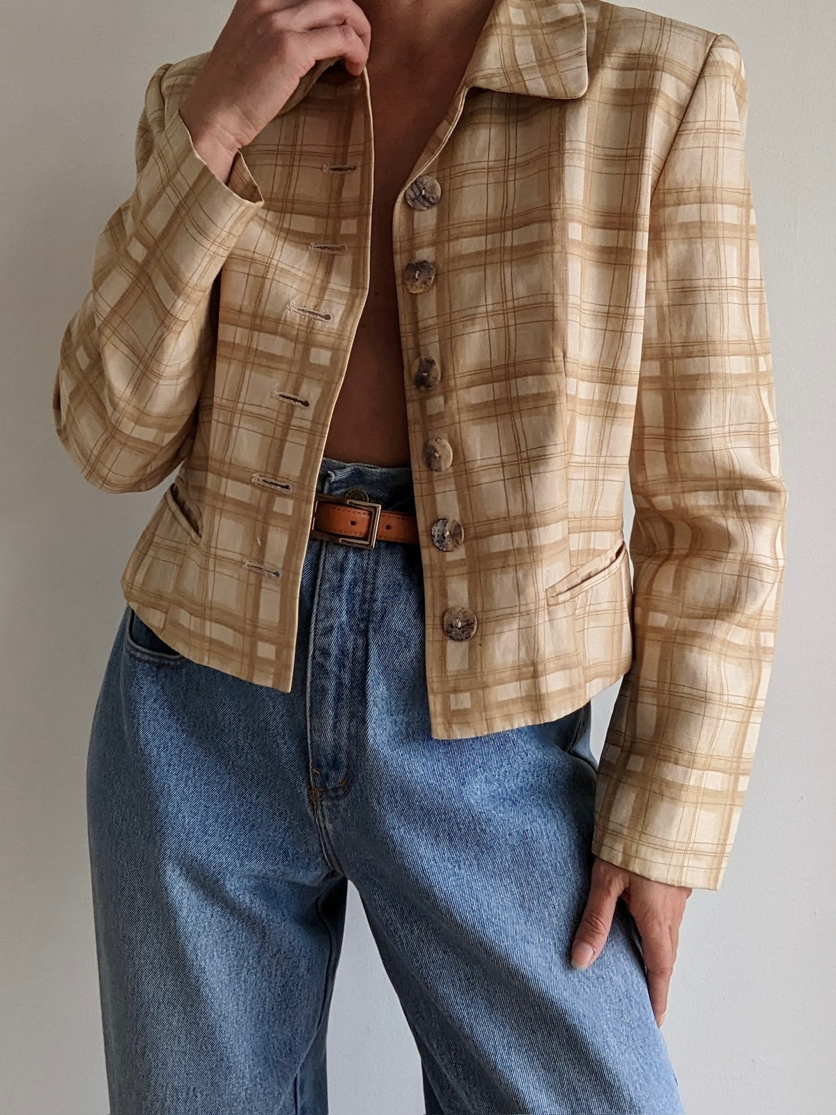 Vintage Sand Plaid Silk Cropped Jacket