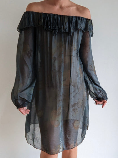 Beautiful Vintage Sheer Floral Silk Ruffled Dress