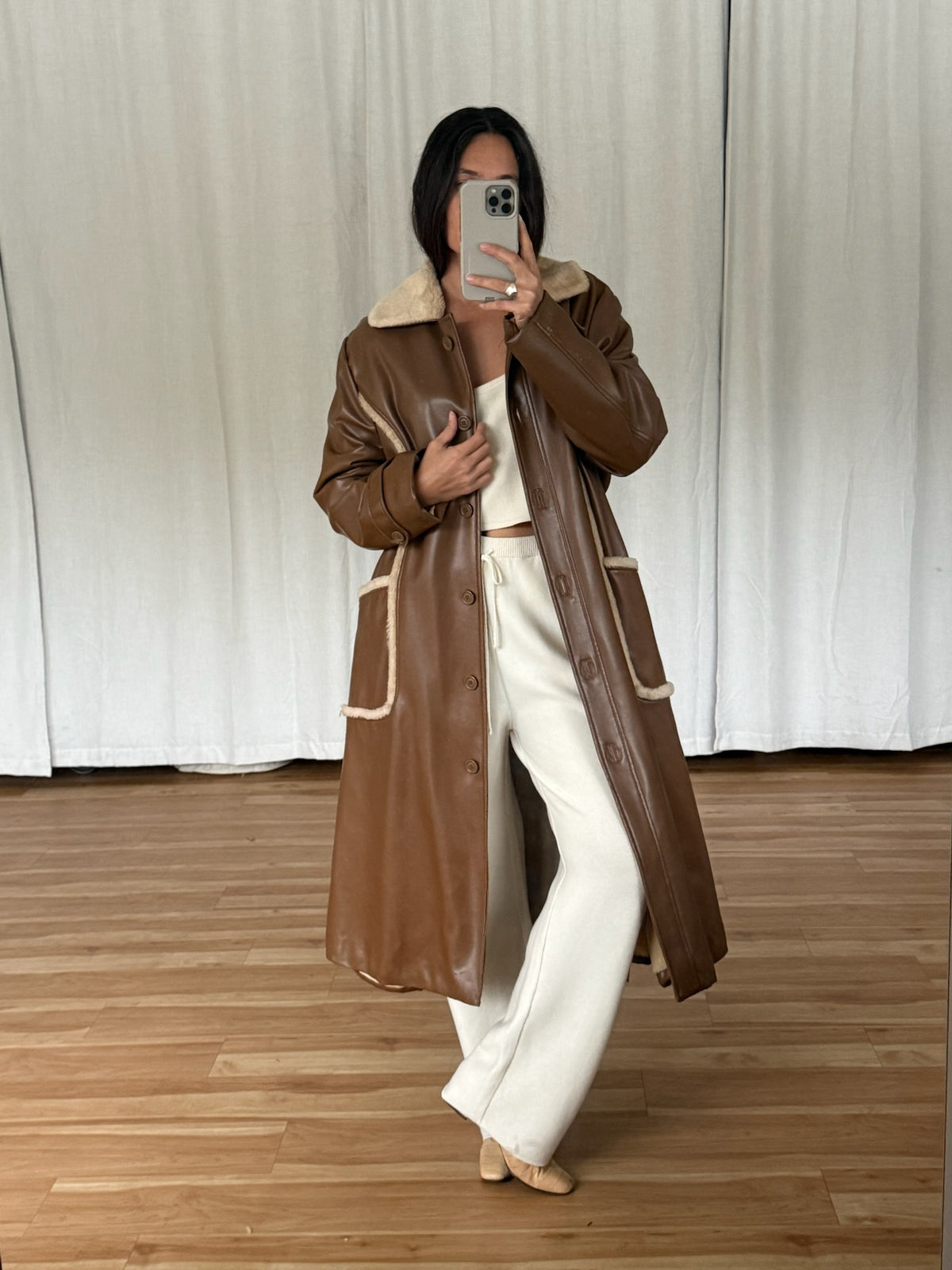 Vintage Chocoate Vegan Leather Belted Coat