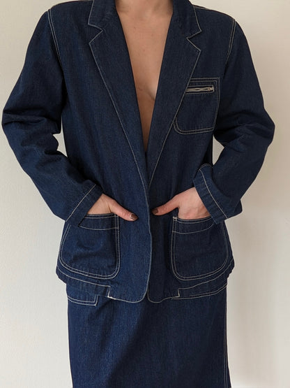 Vintage Belted Dark Wash Denim Wrap Skirt Set