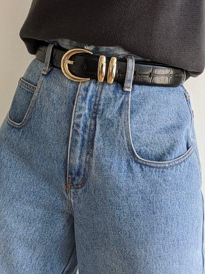 Bold Vintage Black Croc-Embossed Leather Belt