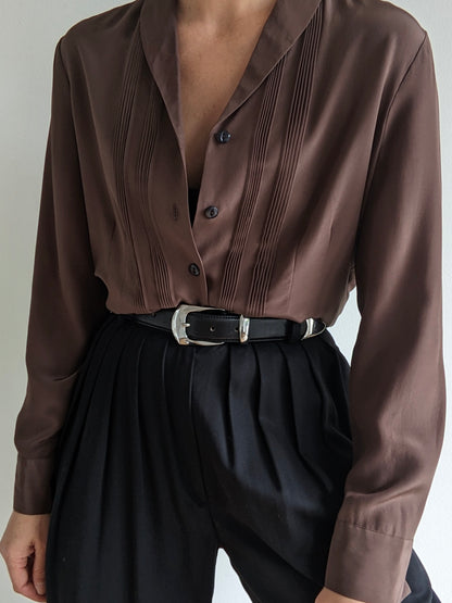 Vintage Cocoa Pleated Silk Blouse