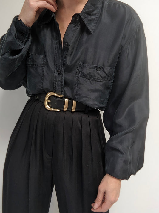 Vintage Faded Black Washed Silk Blouse