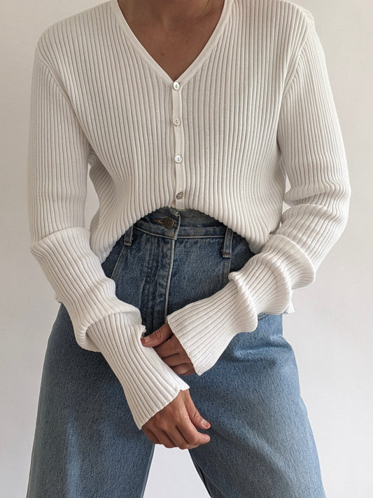 90s Ivory Ruffled Cotton Cardigan