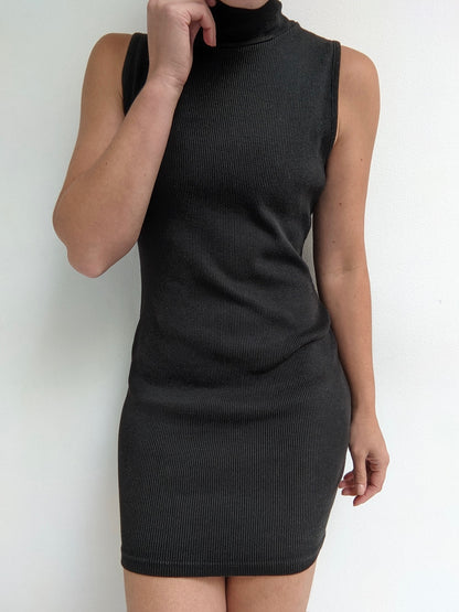 90s Black Ribbed Mock Neck Dress