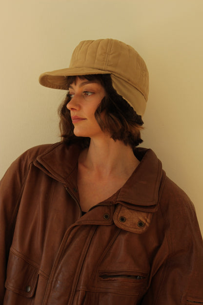 Vintage Quilted Khaki & Faux Fur Trapper Hat