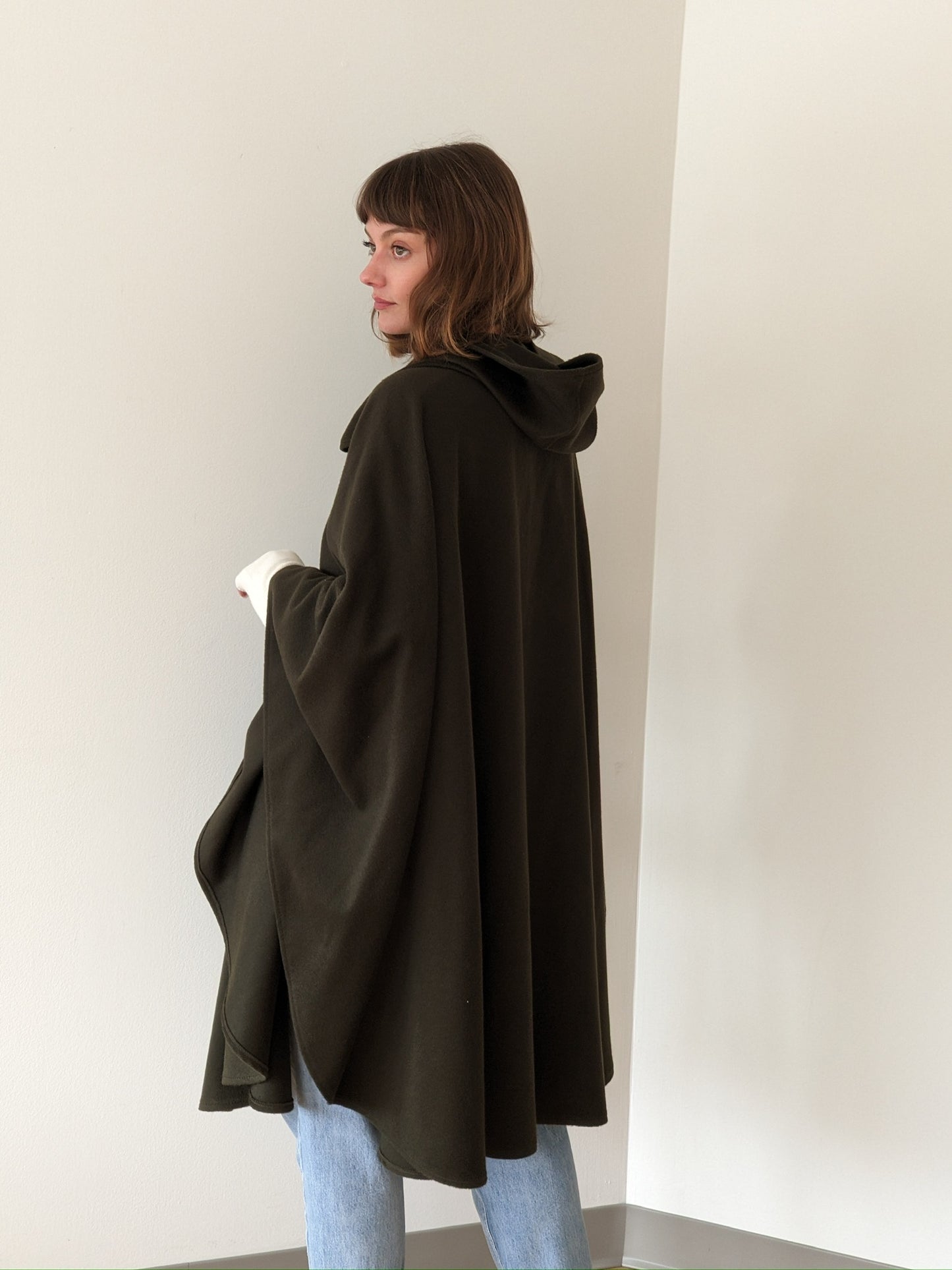 Incredible Vintage Olive Wool & Cashmere Hooded Cape