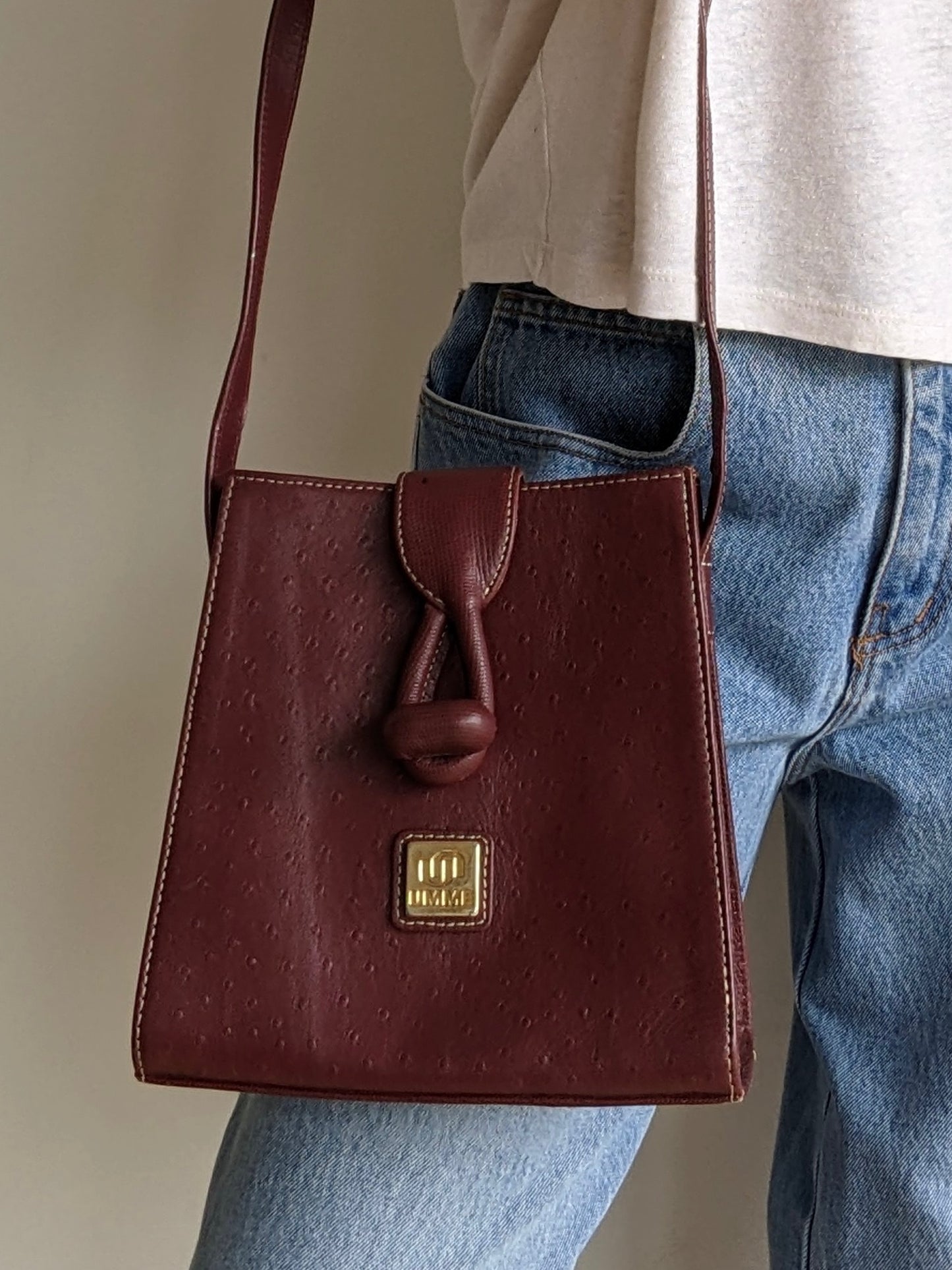 Stunning Vintage Oxblood Ostrich-Embossed Leather Purse