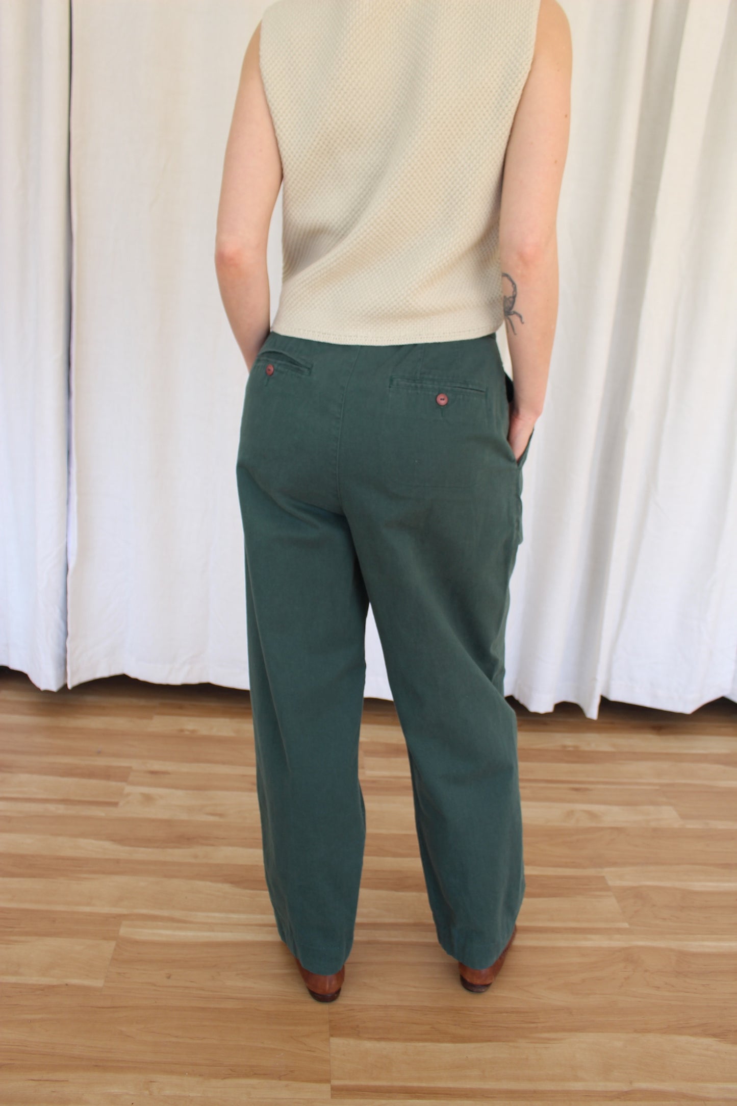 Vintage Evergreen Pleated Cotton Trousers