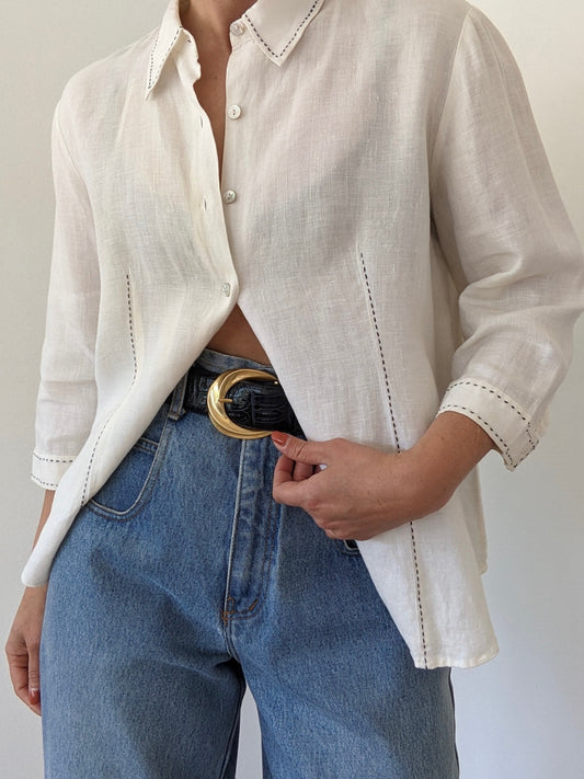 Vintage Ivory Stitched Linen Blouse